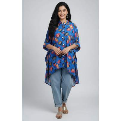 Floral Printed High-Low Poncho Shirt Top