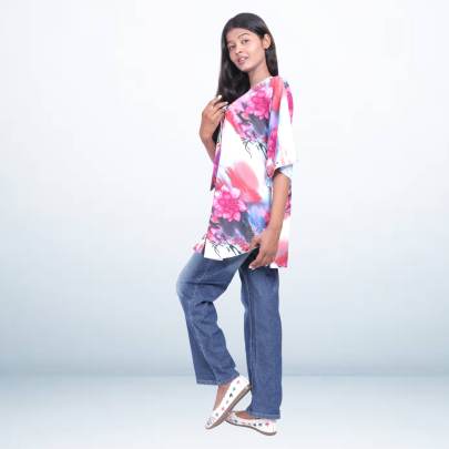 Floral White   Pink Printed Short Kaftan Tunic