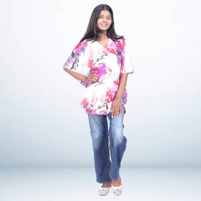 Floral White   Pink Printed Short Kaftan Tunic