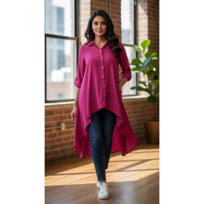 Front Button High-Low Shirt Dress for Women