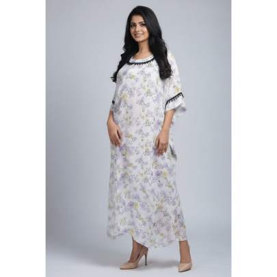 Georgette Floral Print Long Kaftan with Lace Detailing & Full Lining for Women