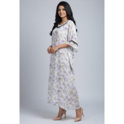 Georgette Floral Print Long Kaftan with Lace Detailing & Full Lining for Women
