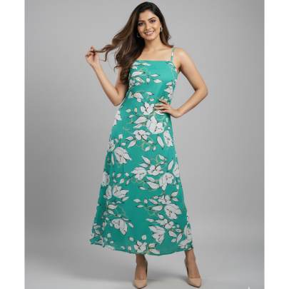 Green Floral Printed Sleeveless Long Dress