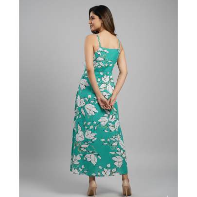 Green Floral Printed Sleeveless Long Dress