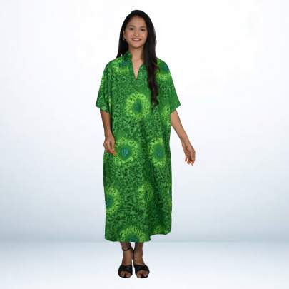 Green Hand Spray Printed Long Free Size Kaftan Dress