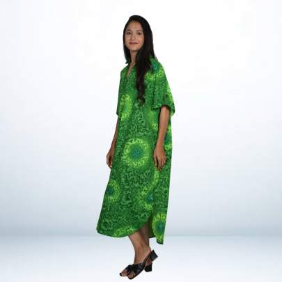 Green Hand Spray Printed Long Free Size Kaftan Dress