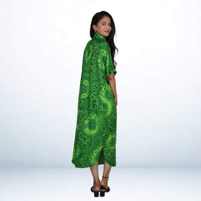 Green Hand Spray Printed Long Free Size Kaftan Dress