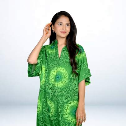 Green Hand Spray Printed Long Free Size Kaftan Dress