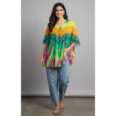 Green Multicolor Tie-Dye Kaftan Top
