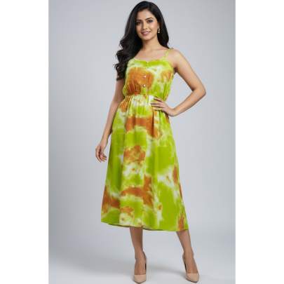 Green & Orange Tie-Dye Sleeveless Midi Dress