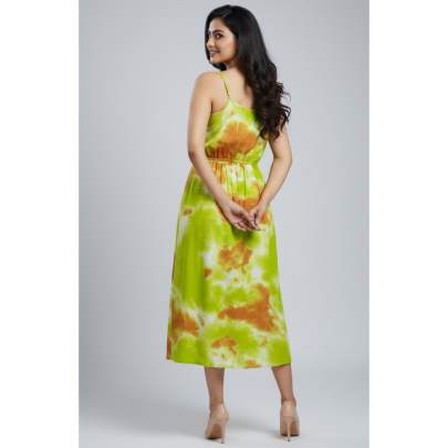 Green & Orange Tie-Dye Sleeveless Midi Dress