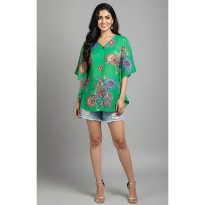 Green Paisley Printed Short Kaftan Tunic (Fits Up to 44