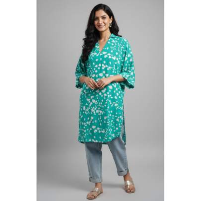 Green Printed Collar Neck Kurta 