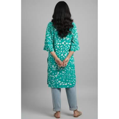 Green Printed Collar Neck Kurta
