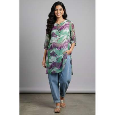 Green & Purple Abstract Print 3/4 Sleeve Kurta