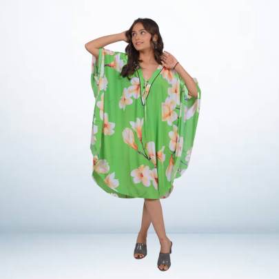 Green Tropical Floral Printed Beach Kaftan