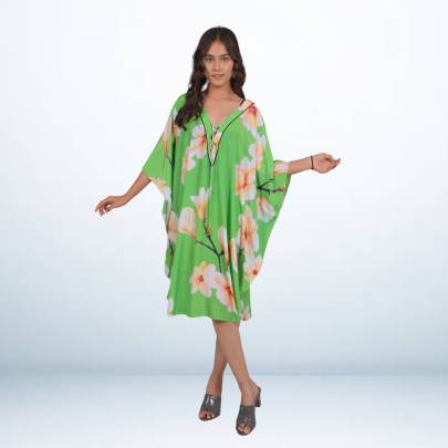 Green Tropical Floral Printed Beach Kaftan