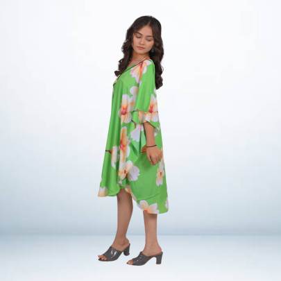 Green Tropical Floral Printed Beach Kaftan