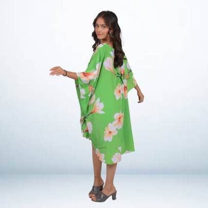 Green Tropical Floral Printed Beach Kaftan
