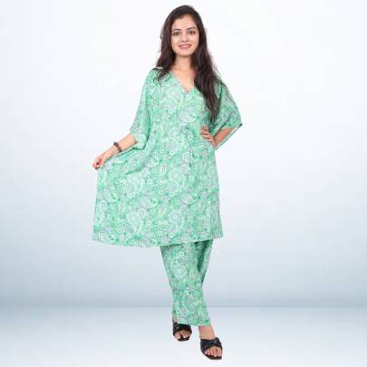 Green Viscose Printed Kaftan Pant Set
