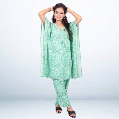 Green Viscose Printed Kaftan Pant Set