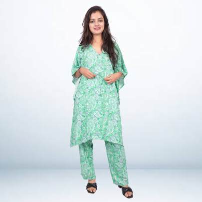 Green Viscose Printed Kaftan Pant Set