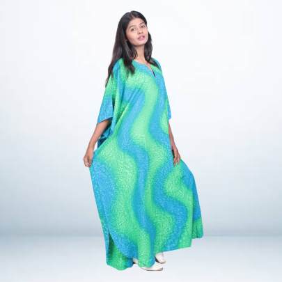 Hand Spray Printed Long Kaftan for Women     Blue   Green