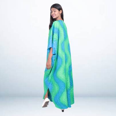 Hand Spray Printed Long Kaftan for Women     Blue   Green