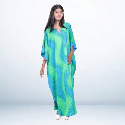 Hand Spray Printed Long Kaftan for Women     Blue   Green