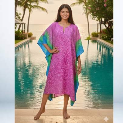 Hand Spray Printed Multicolor Kaftan Cover-Up