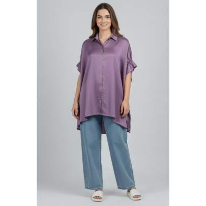 High-Low Shirt Poncho Top with Cuff Sleeves