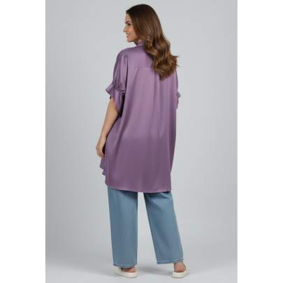 High-Low Shirt Poncho Top with Cuff Sleeves