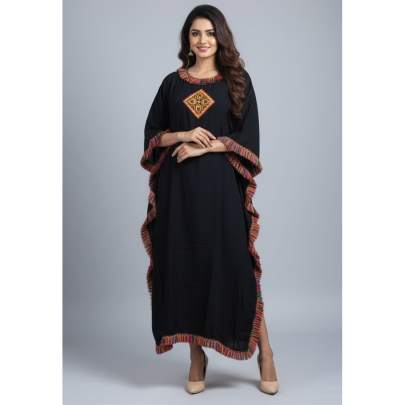 Kutchi Work Lace Detailing Long Kaftan Black Maxi Kaftan