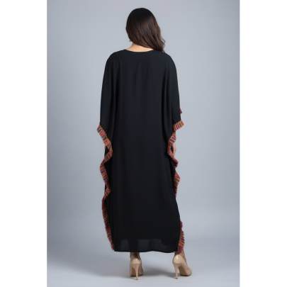 Kutchi Work Lace Detailing Long Kaftan Black Maxi Kaftan