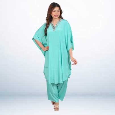 Lagoon Green Embellished Kaftan Pant Set 