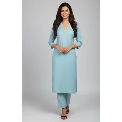 Light Blue Embroidered Neck Kurti Pant Set for Women