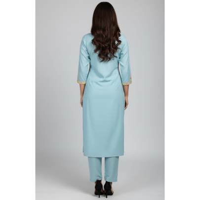 Light Blue Embroidered Neck Kurti Pant Set for Women