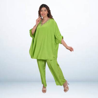 Lime Luxe Embellished Kaftan Pant Set 