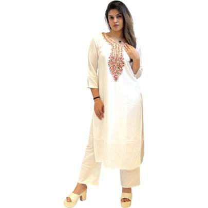 Lucknowi Embroidery Kurti Pant Set White