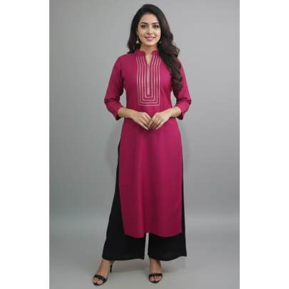 Magenta Lace Yoke Kurti Pant Set for Women 