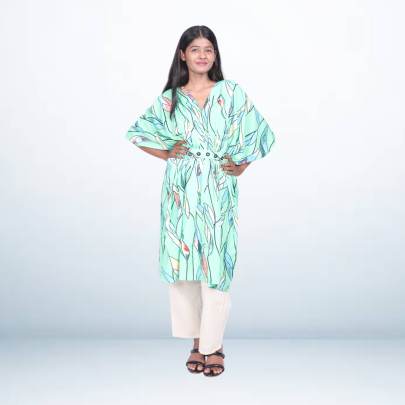 Mint Green Leaf Print Kaftan with Waist Tie for Women