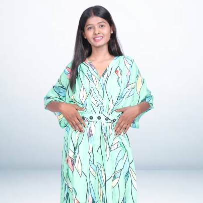 Mint Green Leaf Print Kaftan with Waist Tie for Women