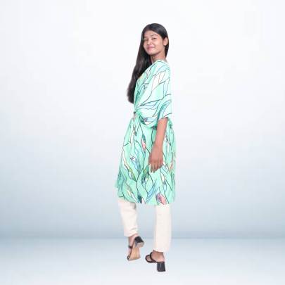 Mint Green Leaf Print Kaftan with Waist Tie for Women