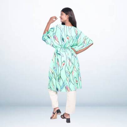 Mint Green Leaf Print Kaftan with Waist Tie for Women