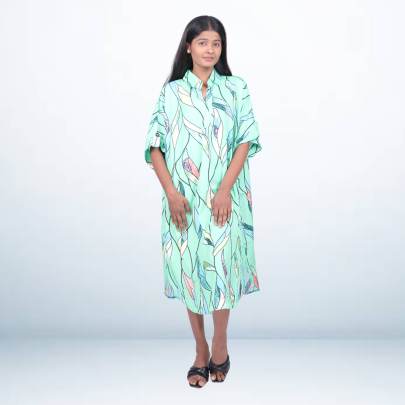 Mint Green Leaf Print Short Kaftan Cover-Up