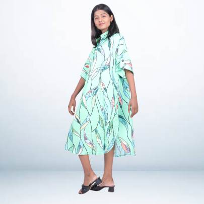 Mint Green Leaf Print Short Kaftan Cover-Up