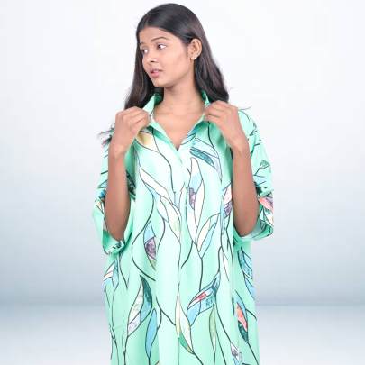 Mint Green Leaf Print Short Kaftan Cover-Up