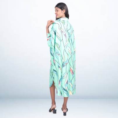Mint Green Leaf Print Short Kaftan Cover-Up