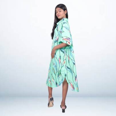 Mint Green Leaf Print Short Kaftan Cover-Up