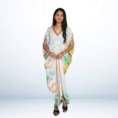 Mirror Embellished Neck Partywear Long Kaftan Dress